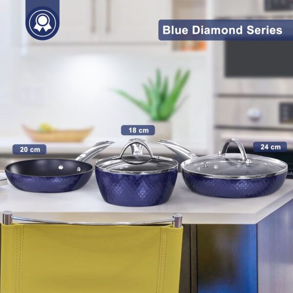 Frying Pan Sets Non Stick 3Pieces Blue 3D Diamond Cookware - Image 8