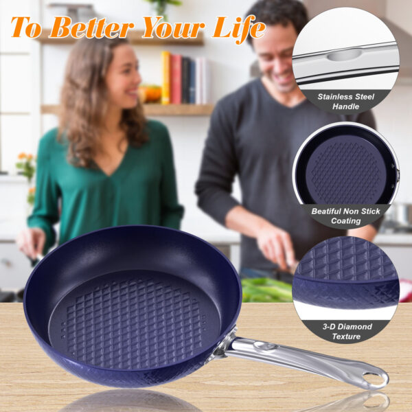 Frying Pan Sets Non Stick 3Pieces Blue 3D Diamond Cookware - Image 5